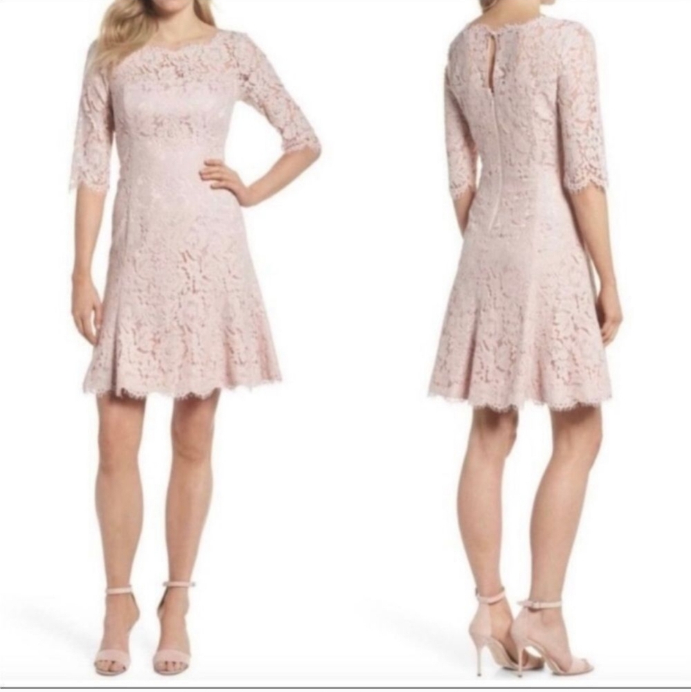 Eliza J Pink - Fit & Flare Pink Lace Dress Elegant Floral - 3/4 Sleeves -Size 4